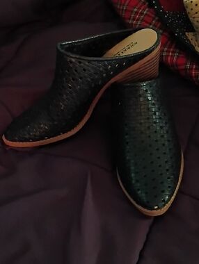 Roebuck And Co Black Woven Leather Slip-On Mules with Stacked Heel